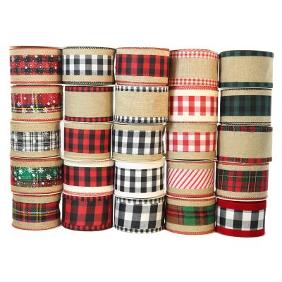 China Recyled 2.5 Inch Width Holiday and Seasonal Plaid Cable Edge Ribbon Plaid Christmas Hemp Ribbon for Party Decoration for sale