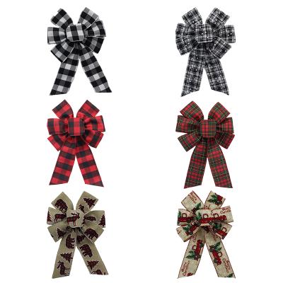 China In Stock Large Party Holiday Gift Outdoor Door Custom Wholesale Red Plaid Christmas Bow Decoration Polyester Ribbon Bows for sale