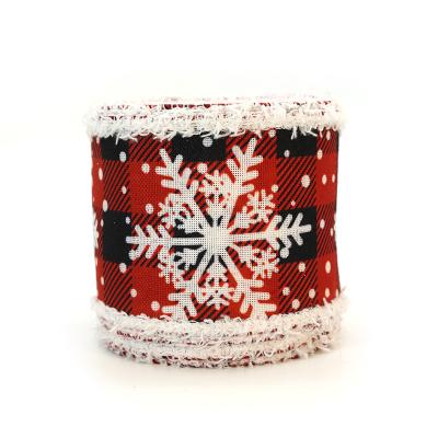 China New Plaid 2.5inch Recyled Merry Christmas Red Black Bow White Ribbom Snowflake Printed Christmas Cable Ribbon Roll for sale