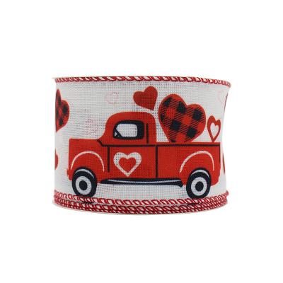 China Factory Wholesale High Quality Printed Red Rose Valentine Day Ribbons Custom Wired Ribbon Heart Truck Pattern China Polyester High Tenacity for sale