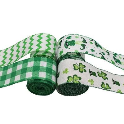 China High Tenacity St Patrick's Day Printed Custom 2.5 Inch Green White Polyester Ribbon Roll For Gift Box Crafts Wrapping Decorations for sale