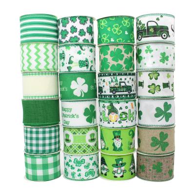 China Custom High Tenacity Factory Lattice Plaid Green Ribbon Wired Gift Design Bow Ribbon Four Leaf Clover St. Patrick's Day Ribbon For Holidays for sale