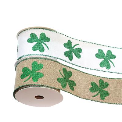 China Wholesale High Tenacity St Patrick's Day Clover Printed Green White Ribbon Custom Cable Ribbon For Holidays for sale