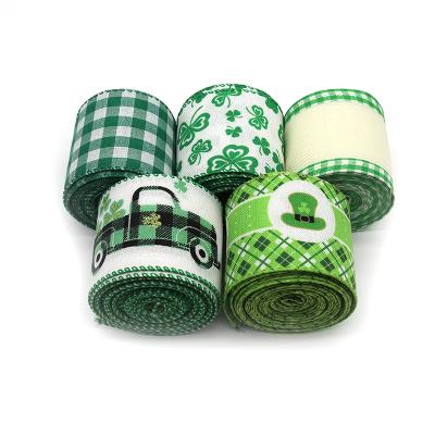 China Custom St Patrick's Day high tenacity polyester four leaf clover grosgrain ribbon green bow ribbon spring oriented for St Patrick's Day for sale