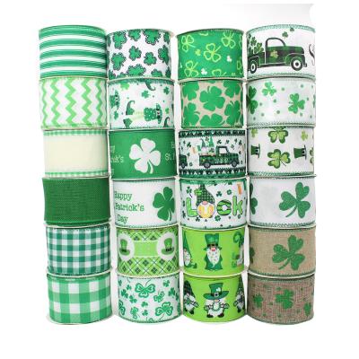 China High Tenacity 2.5 Inch Cartoon St. Patrick's Day Ribbon Four Leaf Clover White Plaid Printed Grosgrain Ribbon For Holiday Decorations for sale