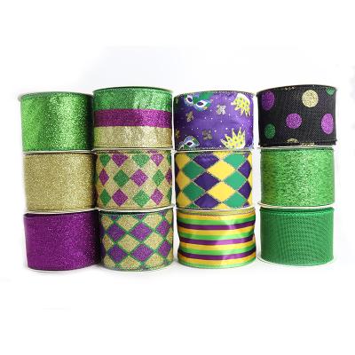 China Various High Tenacity Custom Sizes and Colors Mardi Gras Ribbon Wired Edge Satin Printing Fashion Decoration Gift Wrapping Ribbon Custom Logo for sale