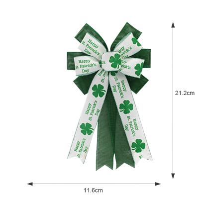 China In Stock New Irish Festival Festival Bow Green and White Pattern Printed Lucky Shamrock Ribbon Bows For Holiday Decorations for sale