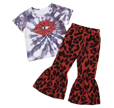 China 2021 New Arrival Kids Casual Girl Outfits Summer T-shirt Leopard Bell Bottoms Tongue Printed Clothing Sets for sale