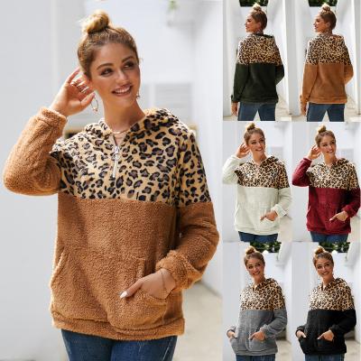 China Waterproof Ladies Winter Coated Jacket Plush Leopard Collage Long Sleeve Hoodies Ladies Zipper Sherpa Pullover Tops for sale