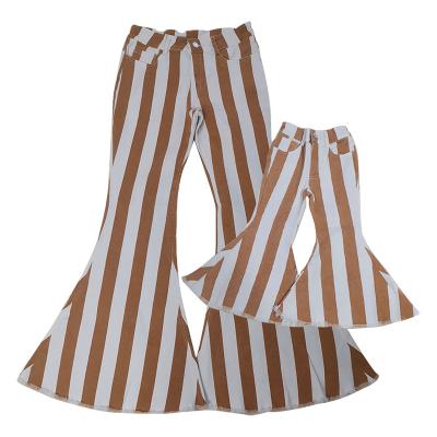 China Hot Selling Breathable Women Stripes Stylish Casual Bell Bottoms Mommy And Me Jeans Kids Girl Striped Comfortable Slim Jeans Pants for sale