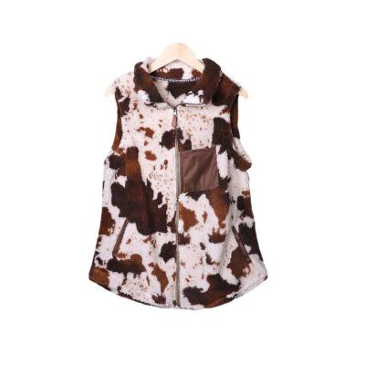 China 2021 Popular Loose Anti-wrinkle Vest Clothes Women And Girls Brown Cow Printed Velvet Winter Coats Sleeveless Tops Vest Mommy And Me Tops for sale