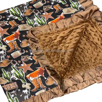 China PORTABLE Polyester Knitting Customized Cowboy Cactus Print Soft Minky Double Layer Fleece Baby Blankets Brown Ruffle Blankets for sale