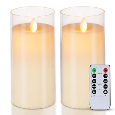 China Homemory Flameless Candles LED Glass Pillar White Flickering Battery Operated Candles with Remote Control and Timer for sale