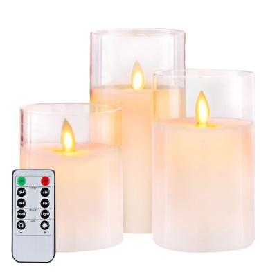 China Homemory Pure White LED Glass Pillar Battery Operated Candles with Remote Control and Timer Flickering Flameless Candles for sale