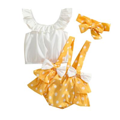 China Wholesale Spandex/Cotton Sleeveless Baby White Top Red Yellow Dresses Bubble Romper Set for sale