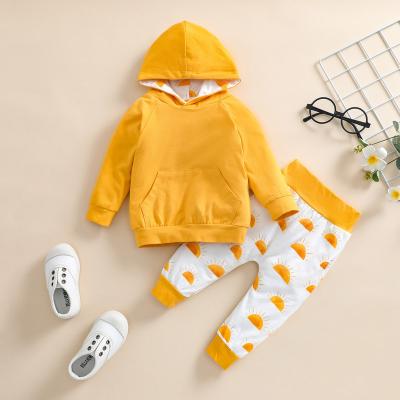 China Spandex/cotton autumn winter kids boy sun printing yellow color hoodie clothing set 2pieces set outfit for sale