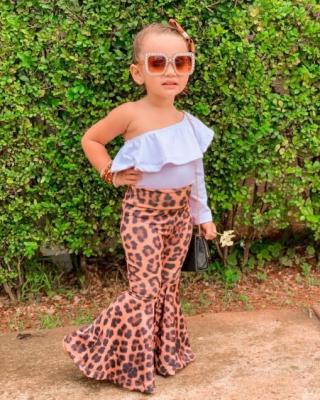 China Spandex/Cotton 2021 Newest Spring Fashion Autumn One-Shoulder Cotton Long Top Leopard Flares Pants Kid Children Girl Outfit Clothes Set for sale