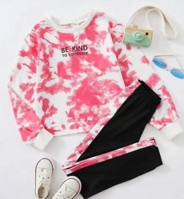 China New Designs Spandex/Cotton Autumn Winter Long Panty Set Children Girl Clothing Set Tie Dye Hoodie 2pcs Set Outfit for sale