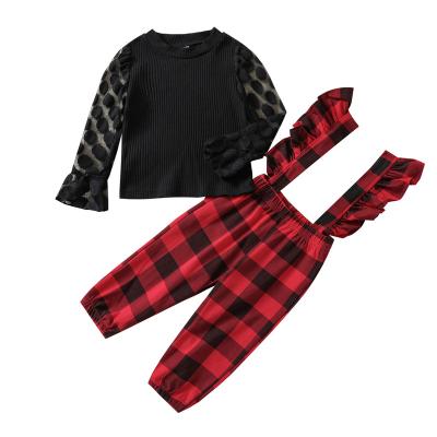 China Spandex/Cotton Autumn Winter Kids Girl Plaid Suspender Overall Sleeve Lace Main 2 Piece Clothes Set In Stock for sale