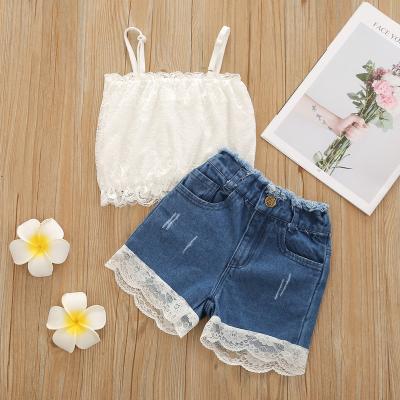 China 2021 fashion baby girl fashion lace tops denim shorts pants jeans clothing set kids outfit for sale