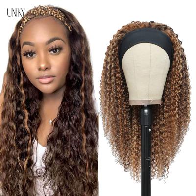 China Uniky Ombre Curly Curly Highlight Headband High Quality Wig For Women Water Wave Wig Brazilian Remy Brown Colored Human Hair Wigs for sale