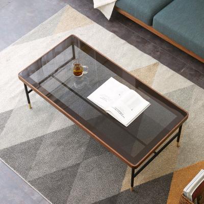 China (Other) Free Sample Adjustable Rectangle Shaped Classic Solid Walnut Modern Wood Coffee Table with Gray Glass for sale