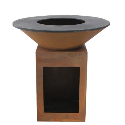 China Stocked Outdoor BBQ Plate Corten Steel Fire Pit With Log Store for sale