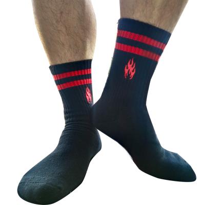 China Men's QUICK DRY Customizable Black Sports Crew Socks Embroidery Stripe Flame Cool Running Custom Socks for sale