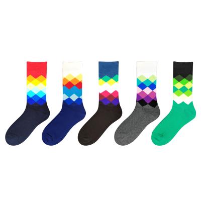 China Breathable Custom All Kinds Fashion Dress Cotton Socks Manufacturing Company Men Long Business Diamond Checkered Colorful Socks Gift Box for sale