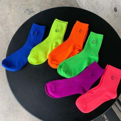 China Sporty Smiley Face Embroidered Woman Socks Fancy Teen Girl Athletic Ankle Ribbed Neon Bright Socks Sneakers Streetwear Socks for sale