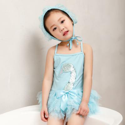 China New Children's Summer Swimwear Baby Beach Siamese Swimwear Girls Swan Sequins Tulle Skirt Swimwear Hat Breathable Suspender Kids Swimwear for sale