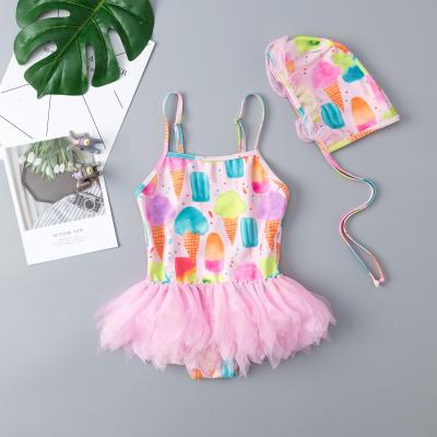 China Breathable Kids Swimwear Baby Kids Girls Bikini Set Cute Print Swimwear One Piece Swimwear Hat Set Kid Beach Pool Clothes for sale