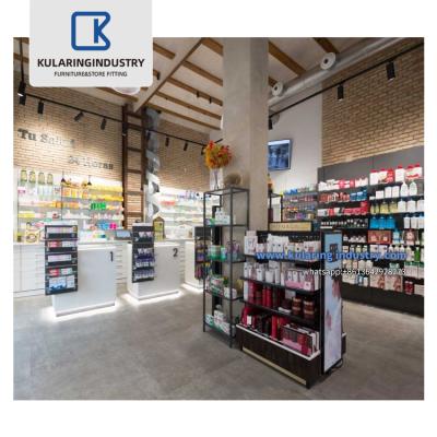 China Custom Medical Customized Design Store Shelving Pharmacy Glass Wall Display Rack Designs For Medical Store Decoration for sale