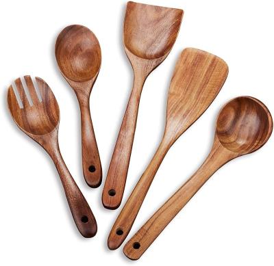 China Sustainable Factory Selling Teak Wood Kitchen 5pcs Utensil Set for sale