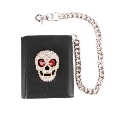 China Custom Leather RFID Wallet Mens Wallet Mens Skull RFID Blocking Genuine Leather Chain Wallet for sale