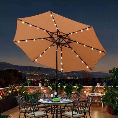 China Traditional 32 LED Solar Umbrella Lit Table Market Umbrella With Crank Outdoor Umbrella For Garden for sale