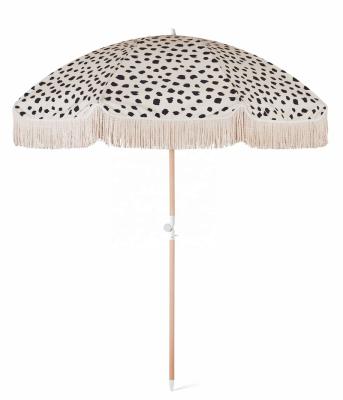 China Real Polish 200CM Traditional Hot Selling Wooden Print Custom Beach Umbrella With Tassels for sale