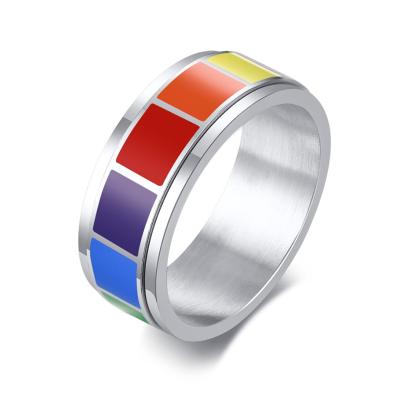 China FASHIONABLE 8MM Mens Womens Stainless Steel Spinner Ring Enamel Rainbow Wedding Band Rings for sale