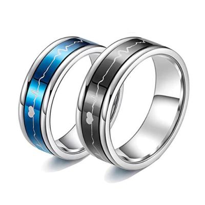 China Matching Romantic Couple Rings Rotatable Stainless Steel Heartbeat His And Hers Wedding Bands for sale