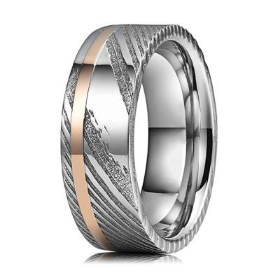 China Fashionable 8mm Damascus Steel Men's Wedding Ring Wood Grain Rose Gold Offset Inlay Wedding Band for sale