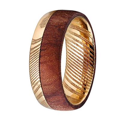 China Trendy Men's 8mm Gold Damascus Steel Wedding Ring With Wood Inlay for sale