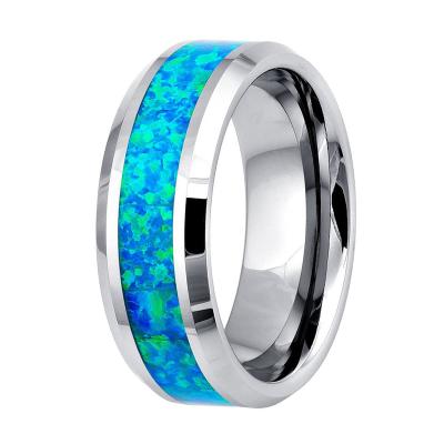 China Wholesale FASHIONABLE Mens Tungsten Carbide Silver Black Rings Band With Blue Fire Opal Stone Inlay for sale