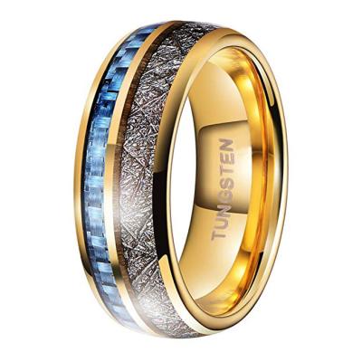 China Trendy Popular 18K Gold Plated Meteorite And Blue Carbon Fiber Inlay Tungsten Carbide Rings For Men for sale