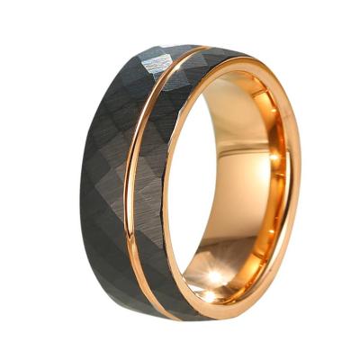 China Rose Gold Black Hammered TRENDY Wedding Rings Offset Line Tungsten Carbide 8mm Men's Rings for sale