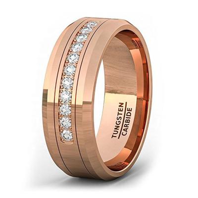 China High Quality Fit 8mm Luxury FASHIONABLE Rose Gold Men Tungsten Ring Comfort Edge Diamond Stone Tungsten Ring Bevel for sale