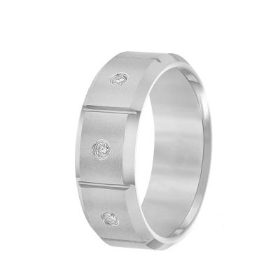 China TRENDY 8MM Vertical Flute And Beveled Edge Men's Tungsten Diamond Ring With 3 Stone for sale