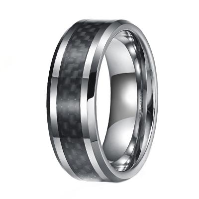 China Wholesale Trendy Mens Fashion Jewelry 8mm Black Carbon Fiber Inlay Tungsten Steel Wedding Band Ring for sale