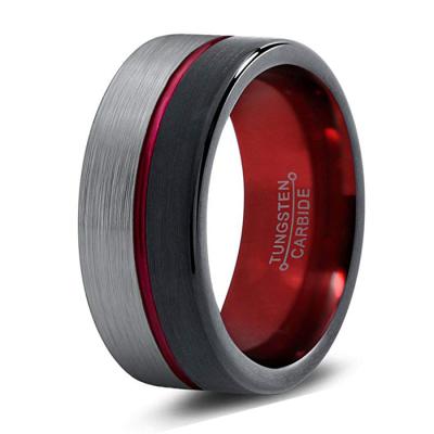 China Trendy Flat Men's Tungsten Carbide Ring Wedding Band Red and Gunmetal Black Ring for sale