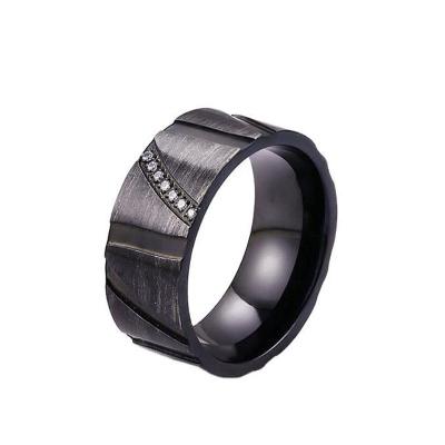 China Trendy 9mm Stainless Steel Men Rings Black Cubic Zircon Swept Wedding Band for sale