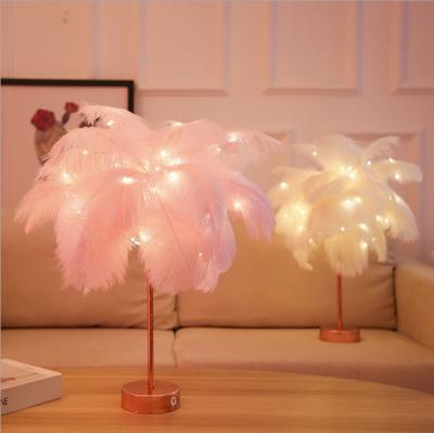 China Industrial Wholesale Nordic 38cm Led Style Tree Light Feather Table Lamp With Left USB Table Fill Lamps for sale